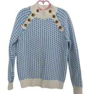 Ann Taylor Women Sz S Blue White Geometric Knit Button Detail Mock Neck Sweater